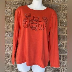 Designer Originals Womens Sz LP Orange Rhinestone Black Cat Halloween T Shirt
